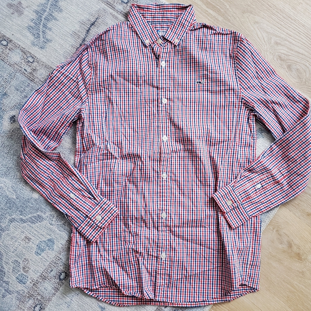 Vineyard Vines Boys OTG Performance Red Blue Plaid Button-up Shirt SzL (16)